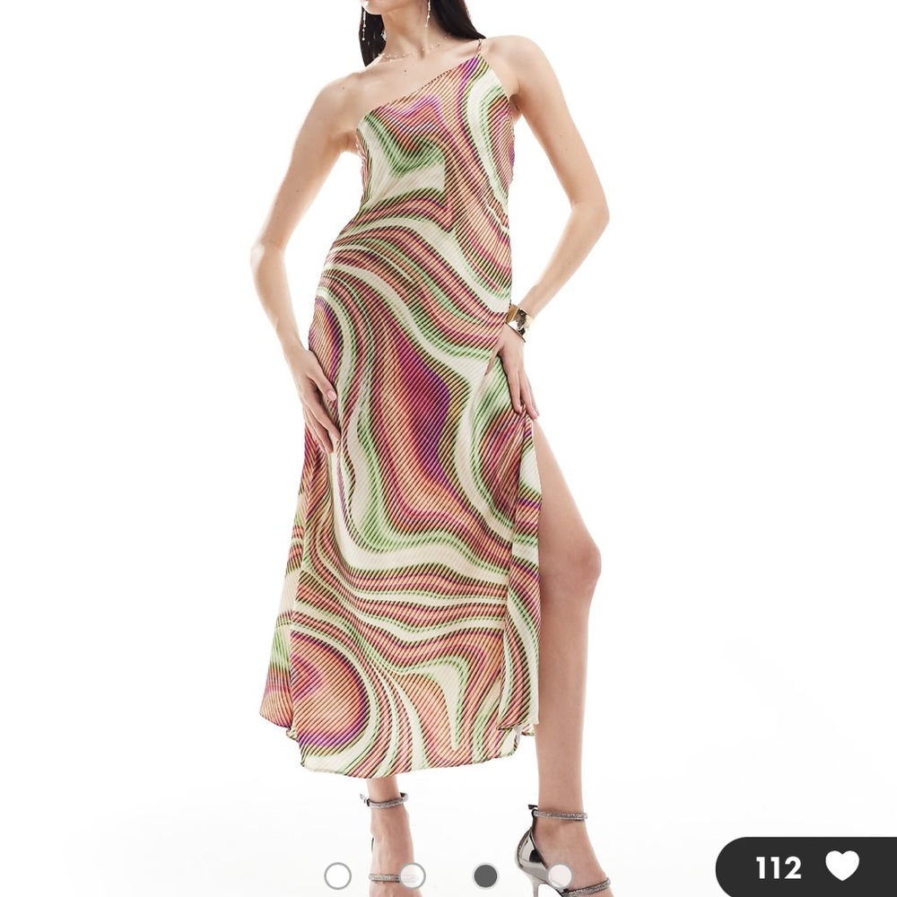 Mango one-shoulder wave print midi dress in pink